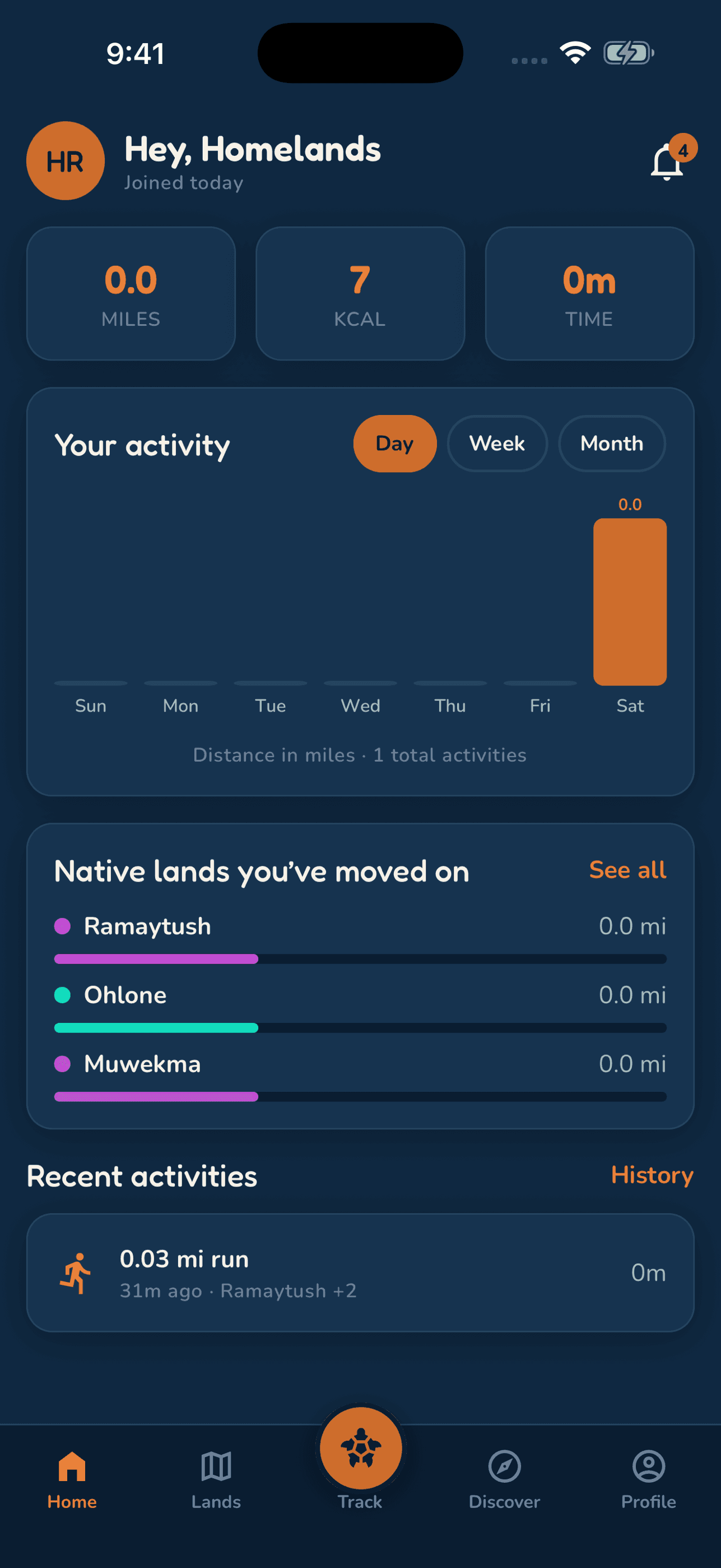 The Homelands home screen, with miles, calories, time, and the native lands from a recent run.