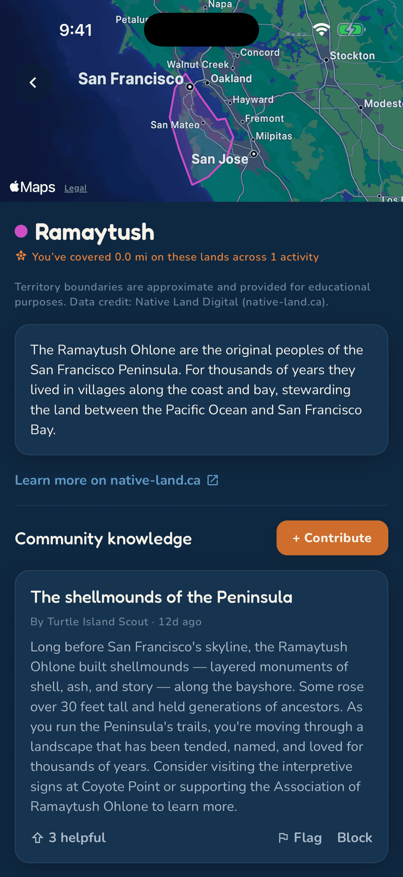 A land page for Ramaytush, with a map of the San Francisco Peninsula and a short history.