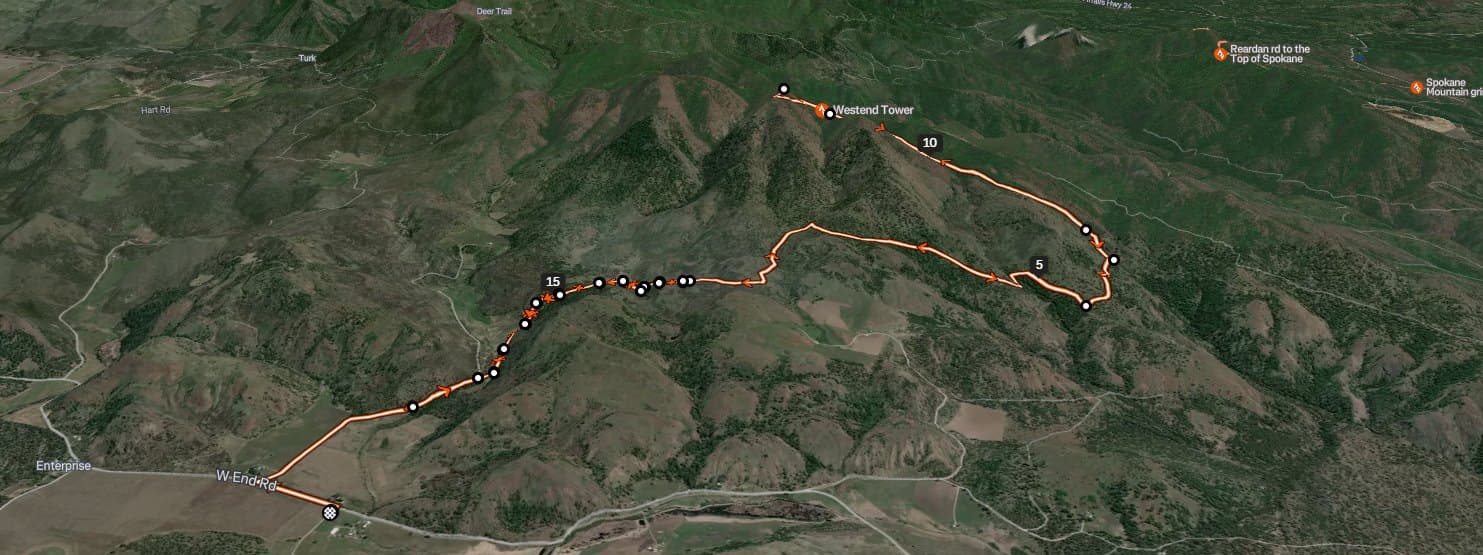 Course map climbing to the Westend Tower and returning toward the start.